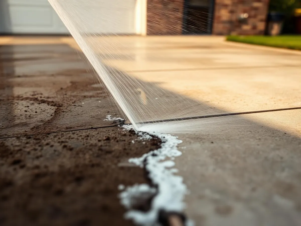 Pressure washer revealing bright clean concrete next to dirty driveway