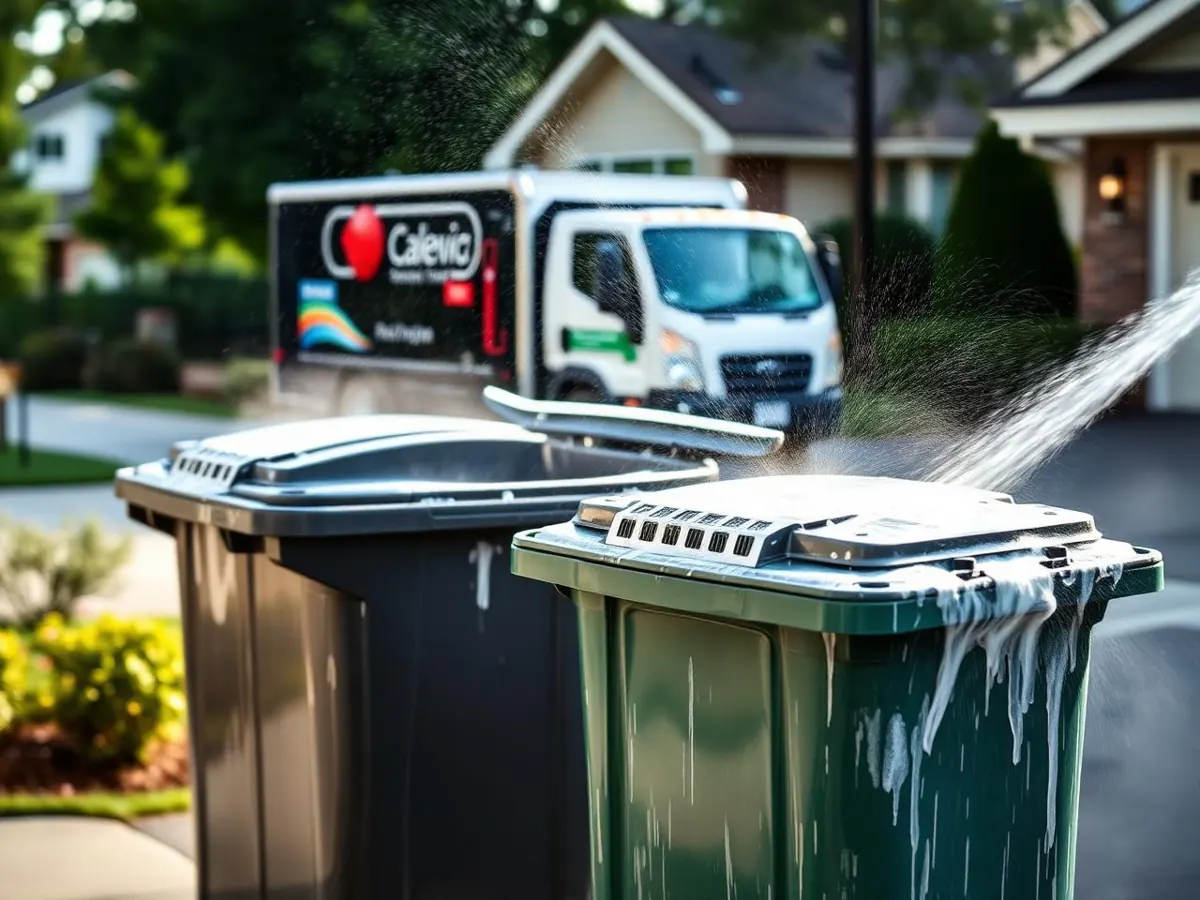 Trash bins being deep cleaned and sanitized with hot water